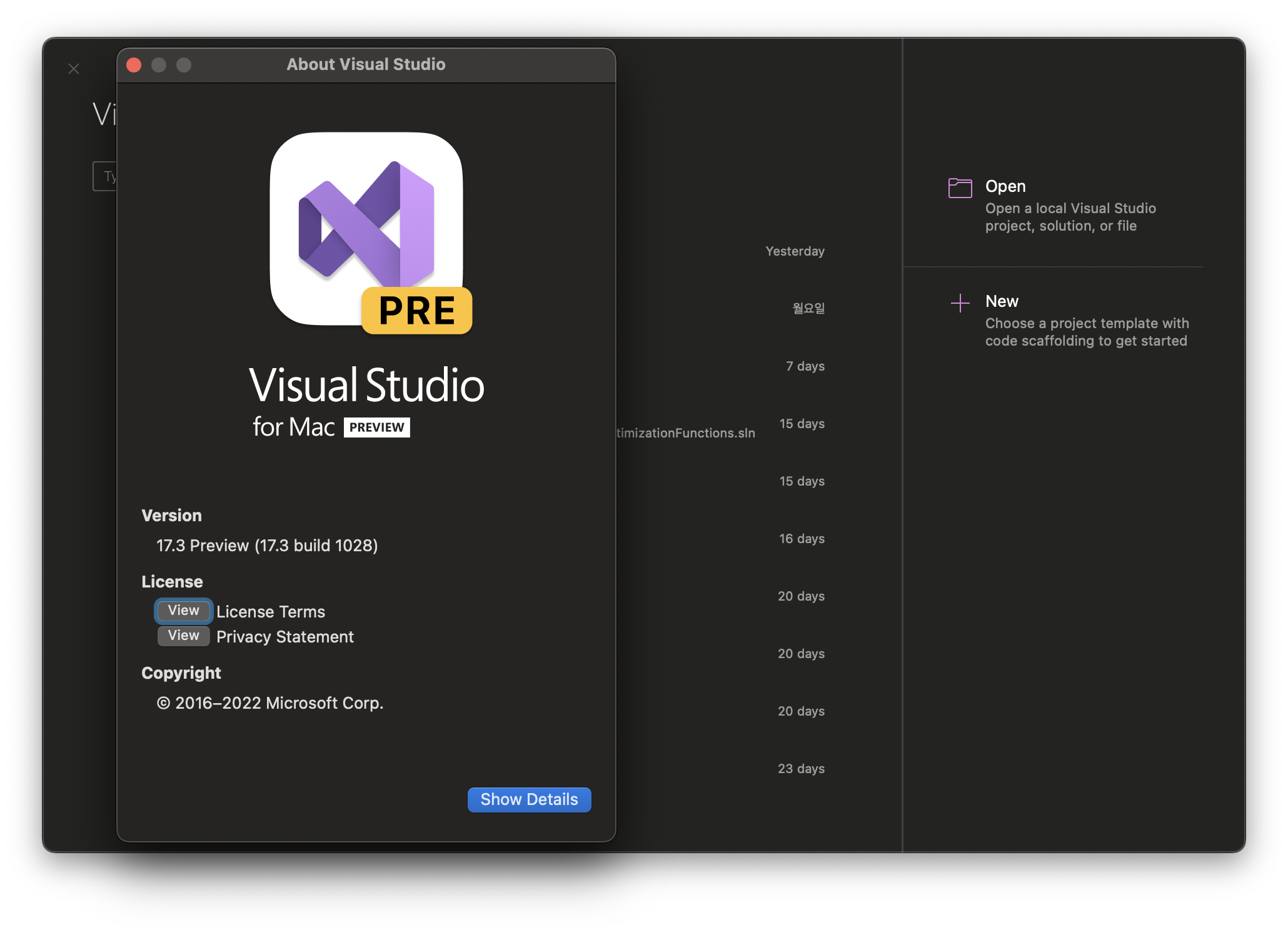 Visual Studio 2022 for Mac 17.3 Preview 2 업데이트 완료